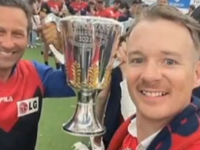 Mark Babbage pictured in the changing rooms following the AFL grand final. Hayden Burbank on the left. Picture: Channel 7