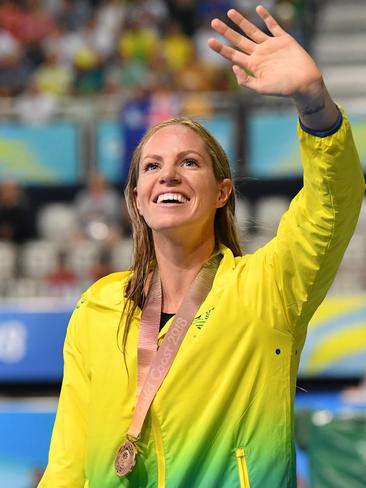 Emily Seebohm of Australia is seen celebrating after winning the Bronze medal in the final of the women's 200 metre backstroke. Picture: AAP Image/Darren England