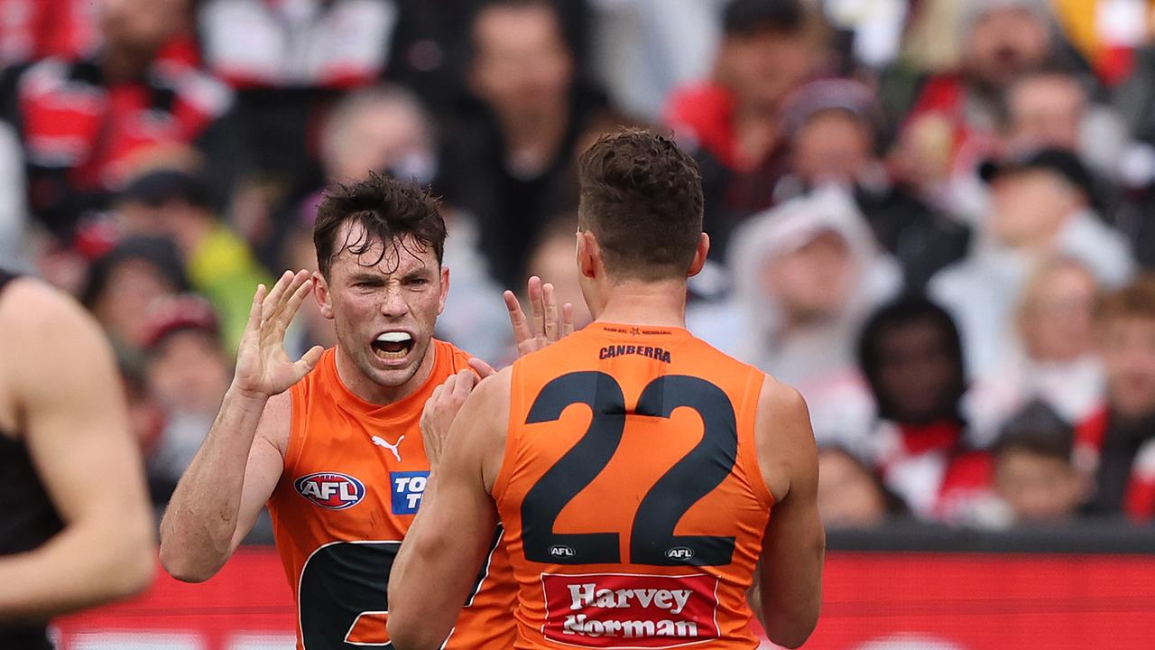 MELBOURNE, AUSTRALIA - SEPTEMBER 09: Brent Daniels of the Giants celebrates after scoring a goal during the Second Elimination Final AFL match between St Kilda Saints and Greater Western Sydney Giants at Melbourne Cricket Ground, on September 09, 2023, in Melbourne, Australia. (Photo by Robert Cianflone/Getty Images)