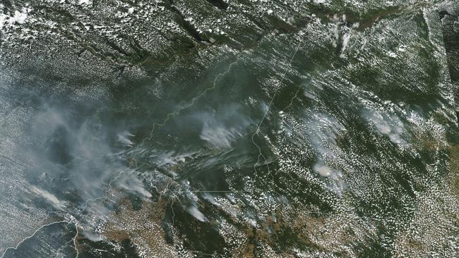 This satellite image provided by NASA on Aug. 13, 2019 shows several fires burning in the Brazilian Amazon forest.  Brazil's National Institute for Space Research, a federal agency monitoring deforestation and wildfires, said the country has seen a record number of wildfires this year, counting 74,155 as of Tuesday, Aug. 20, an 84 percent increase compared to the same period last year.   (NASA via AP)