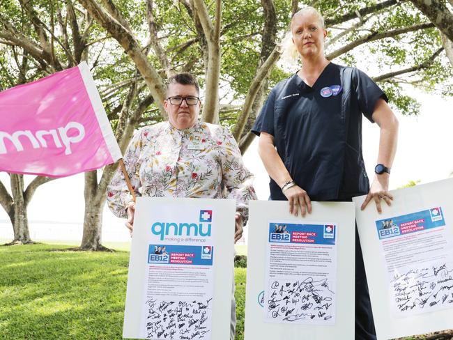Cairns nurses have rejected the state governments wage increase offer after concerns Victoria will lead the nation in pay and conditions by 2027. Queensland Nurses and Midwives Union secretary Sarah Beaman and Cairns nurse Suri Hobday. Picture Tim Little.