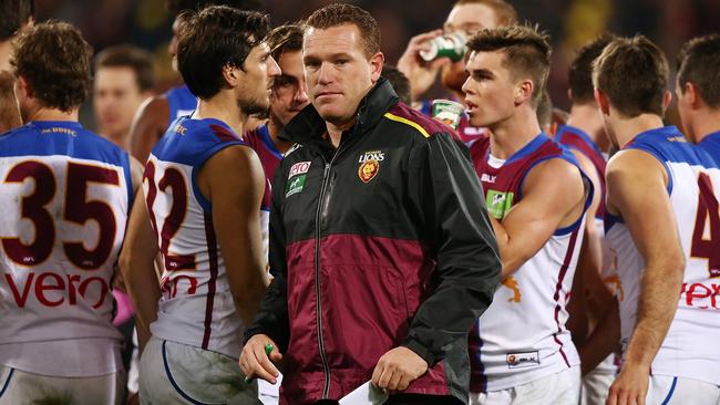 Justin Leppitsch after talking to his team during the loss to Adelaide.