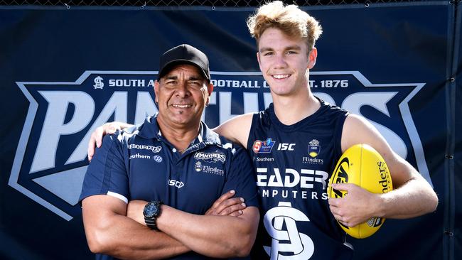 Jason Horne-Francis with his stepdad, ex-Port Adelaide, Brisbane and Melbourne player Fabian Francis. Picture: Mark Brake