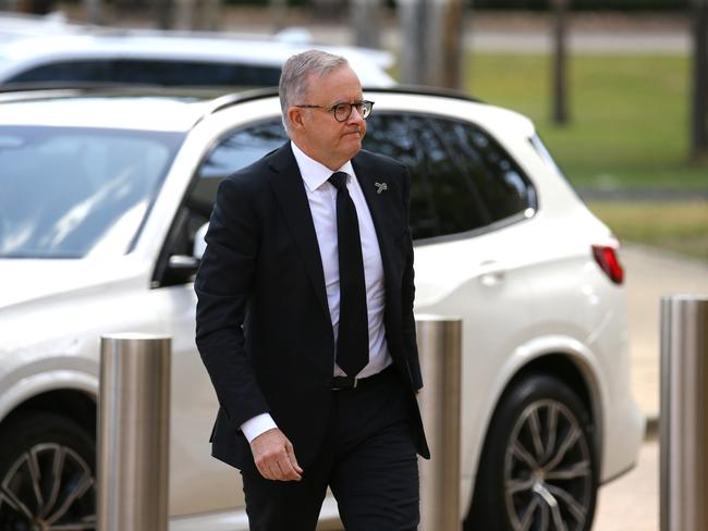 Prime Minister Anthony Albanese at the memorial service with full police honours for constables Rachel McCrow and Matthew Arnold at Brisbane Entertainment Centre. Picture: David Clark