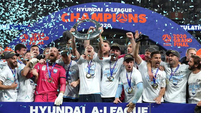 Sydney FC players celebrate winning the 2020 A-League grand final against Melbourne City at Bankwest Stadium. Picture: Phil Hillyard