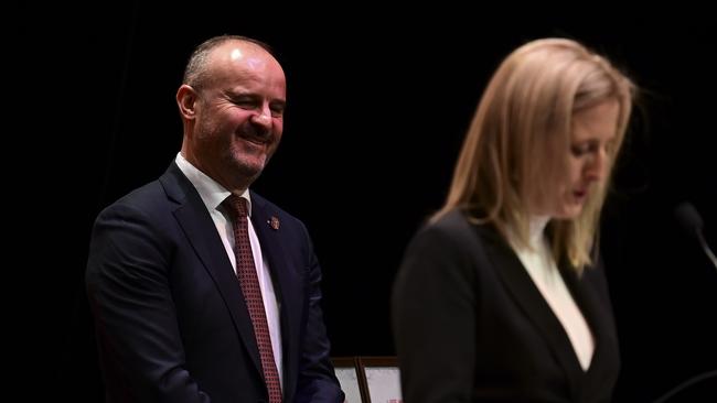 ACT Chief Minister Andrew Barr stands behind Finance Minister Katy Gallagher during her address to the ACT Labor Conference. Picture: NCA NewsWire / Martin Ollman