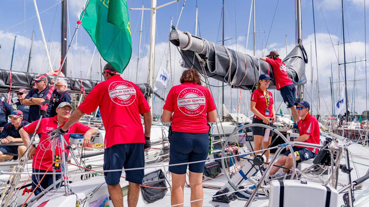 Crew of Yacht Wild Oats prepare ahead of the race start on Sydney Harbour. Picture: Andy Cheung / Getty Images