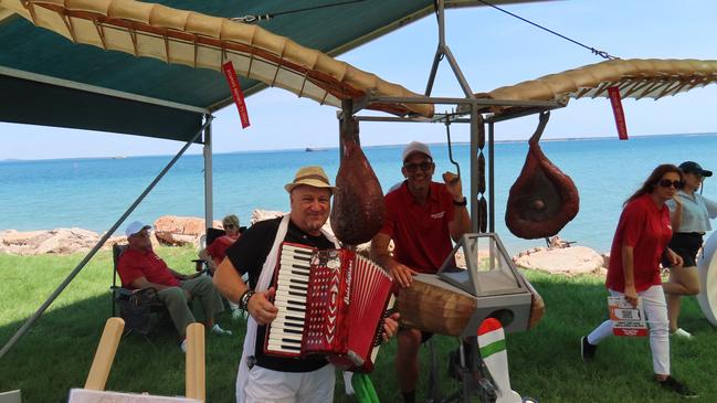 Frank 'Mr. Accordion Man' Miranda and Max on the Accrocco at the 2025 Darwin Italian Festival. Picture: Aden Hill