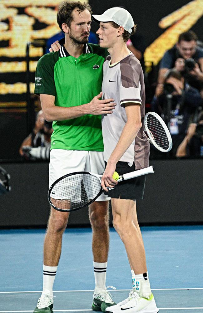 Italy's Jannik Sinner greets Russia's Daniil Medvedev (L) after victory in their men's singles final match at the Australian Open. Picture: AFP