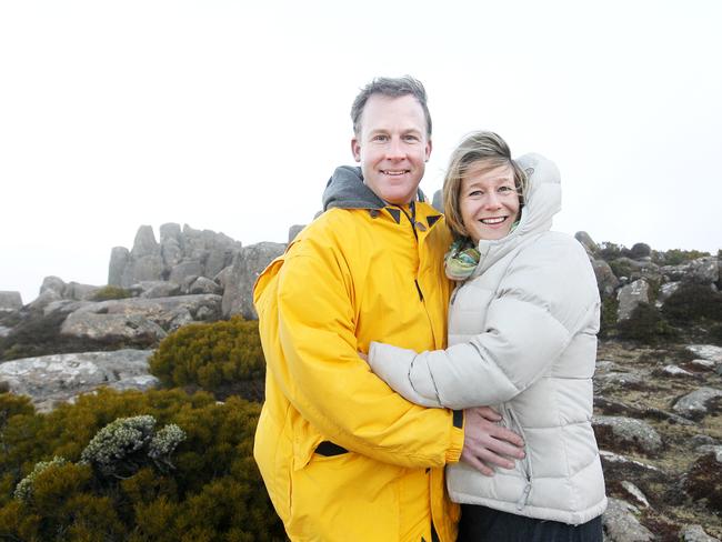 Mt Wellington cable car proposal, Leader of the Tasmanian Liberal Party Will Hodgman with his wife Nicky Hodgman on the summit of Mount Wellington