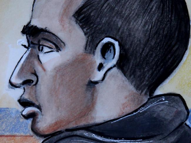 Artist sketch of Amin Mohamed at his committal hearing in Melbourne Magistrates Court. He is charged with four counts of preparing to enter a foreign state to engage in armed hostilities. He was stopped at Brisbane airport last year as he tried to make his way to Turkey, where it is alleged a guide had been arranged to take him and three others into Syria to join the battle against the Assad regime.