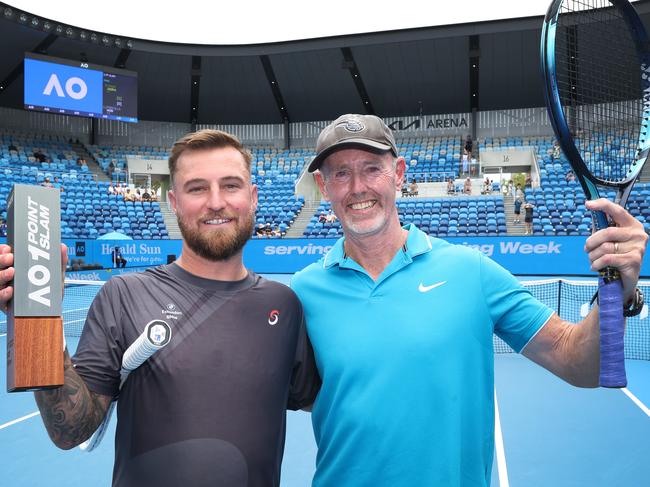 Point Slam. 16 amateur tennis players (aged between 15 and 72, plus 12 are from Vic take on 16 pros in AOÃs newest tournament. Pro winner Omar Jasika and highest placed amateur player Paul Fitzgerald 56 from Airport West. Picture: David Caird