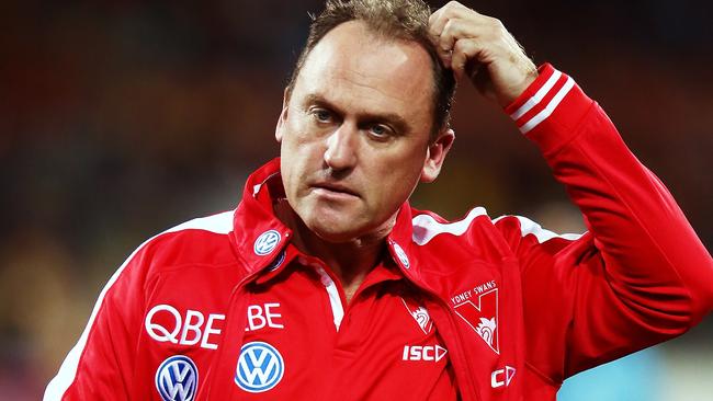 Swans coach John Longmire during the loss to Adelaide. Picture: Getty