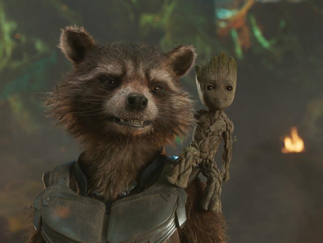 Rocket (voiced by Bradley Cooper) and Baby Groot (voiced by Vin Diesel).