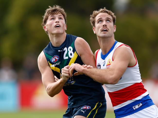 Jobe Shanahan grapples with Lachlan Smith of the Bulldogs during the AFL Academy’s match against the Western Bulldogs’ VFL side this year. Picture: Michael Willson/AFL Photos via Getty Images.