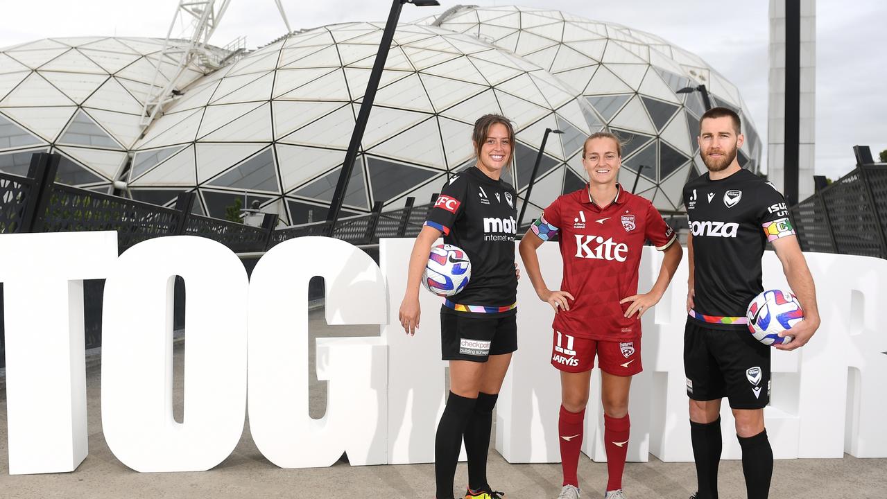 Kayla Morrison of the Melbourne Victory, Isabel Hodgson of Adelaide United and Josh Brillante of the Melbourne Victory. Adelaide and the Victory are diving into another Pride Cup, shocked and saddened by the lack of full-sport support for pride jerseys in the NBL. Picture: Morgan Hancock / Getty Images