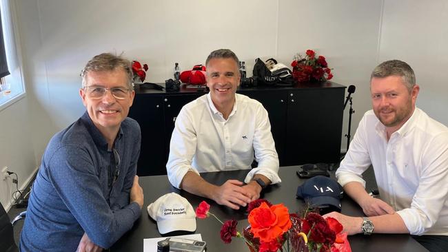 University of Adelaide vice-chancellor and president Professor Peter Hoj, Premier Peter Malinauskas, University of South Australia vice-chancellor and president Professor David Lloyd. Meeting in room at South Australia Suite at the 2022 VALO Adelaide 500. Picture: Paul Starick