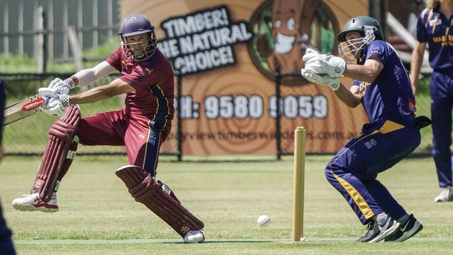 MPCA: Carrum batter Mark Cooper cuts away. Picture: Valeriu Campan