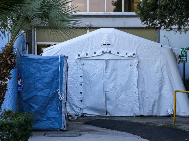 Outdoors tents set up for screening patients suspected of showing new coronavirus symptoms, the first step of a new intensive care unit, at the Cardarelli hospital in Naples. Picture: AFP