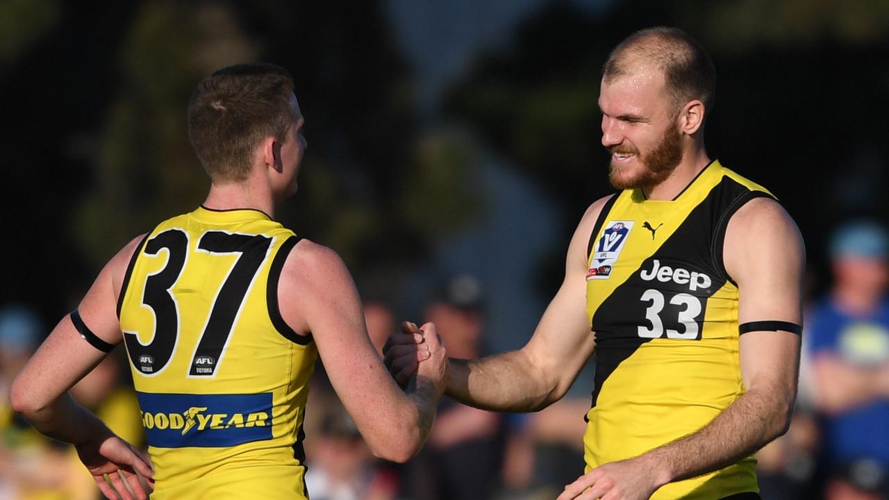 Kamdyn Mcintosh (right) won’t play in Richmond’s VFL Grand Final. Photo: Julian Smith/AAP Image.