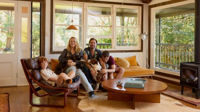 Hamish and Kristy Rosser with their sons Oscar, 12, and George, 9, and dogs Lexi and Dandy at their home on Booyong Road, Clunes, NSW. Picture: Jessie Prince