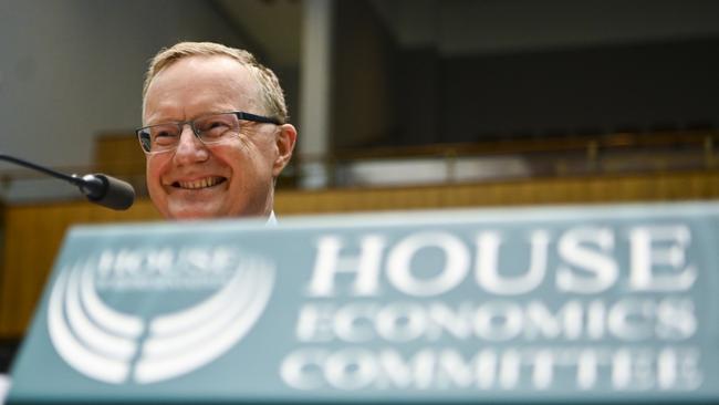 Philip Lowe prepares to speak to the parliamentary committee hearing in Canberra. Picture: AAP