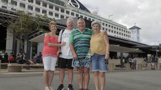 Central Coast family friends Kerrie and John Dent with Peter Dent and Dianne Mulpeto Dent were passengers on the P &amp; O Cruises' Pacific Explorer -the first international cruise ship to dock in at the city since the pandemic. Picture: Arun Singh Mann