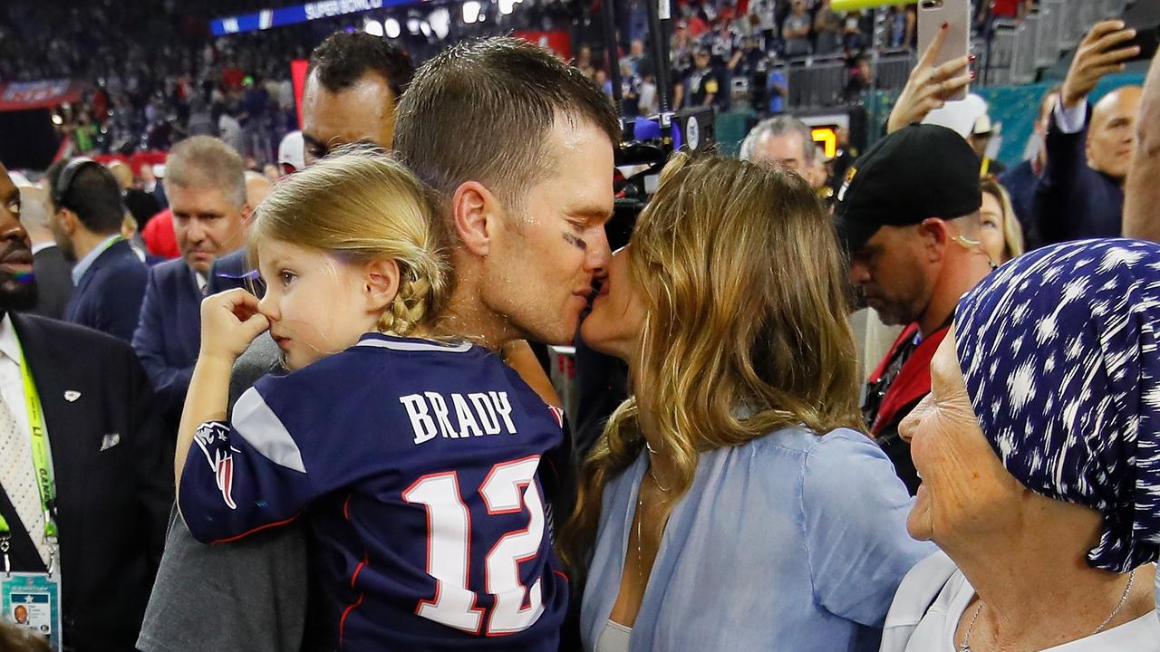Brady celebrates with wife Gisele Bundchen and daughter Vivian Brady after defeating the Atlanta Falcons during Super Bowl 51. The couple have since split. (Photo by Kevin C. Cox/Getty Images)
