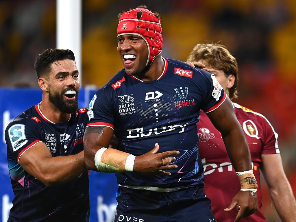 Rebels’ Maciu Nabolakasi celebrates scoring a try. Picture: Getty Images
