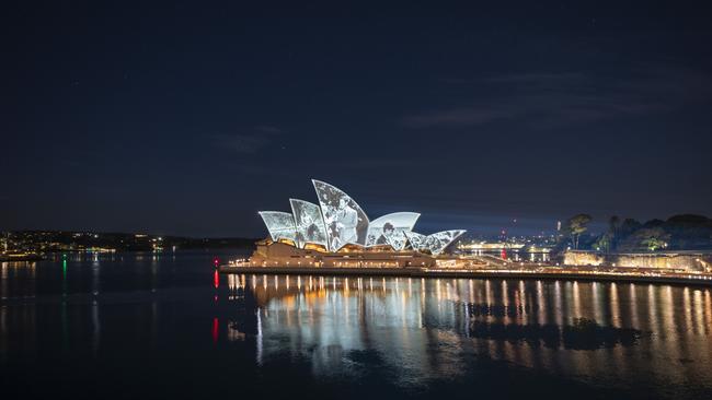 Sydney Opera House sails are being lit up to honour the King’s first visit as monarch.. Picture: NSW Government via NewsWire