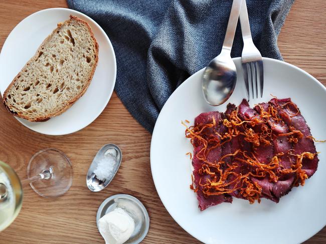 Unmissable: kangaroo pastrami with shallots. Picture: Rebecca Michael