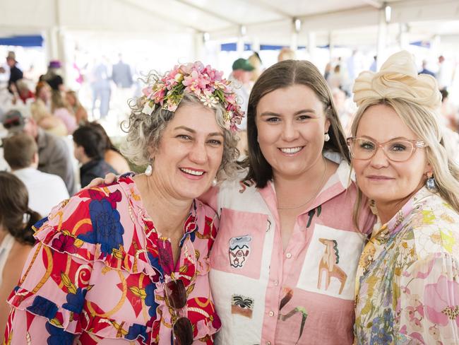 At the Clifton Races are (from left) Wendy Ferguson, Phoebe Ferguson and Kylie Ferguson, Saturday, October 28, 2023. Picture: Kevin Farmer