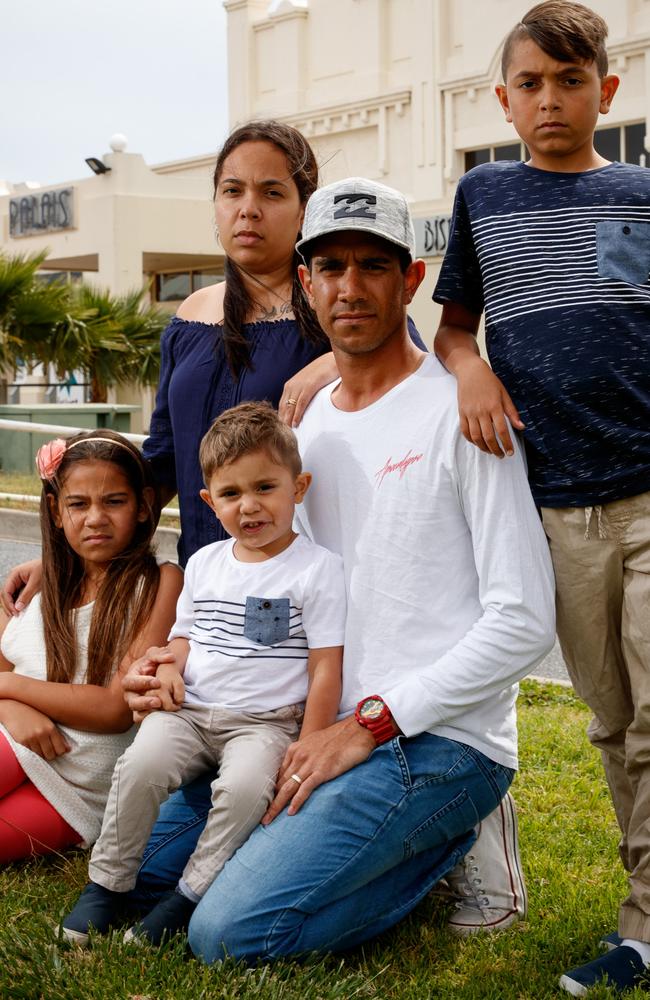 Peter Miller-Koncz with his wife Kahlia and children Kashiah 8, Kobe 2 and Jaikye 10 at the Palais Hotel, Semaphore. Picture: Matt Turner