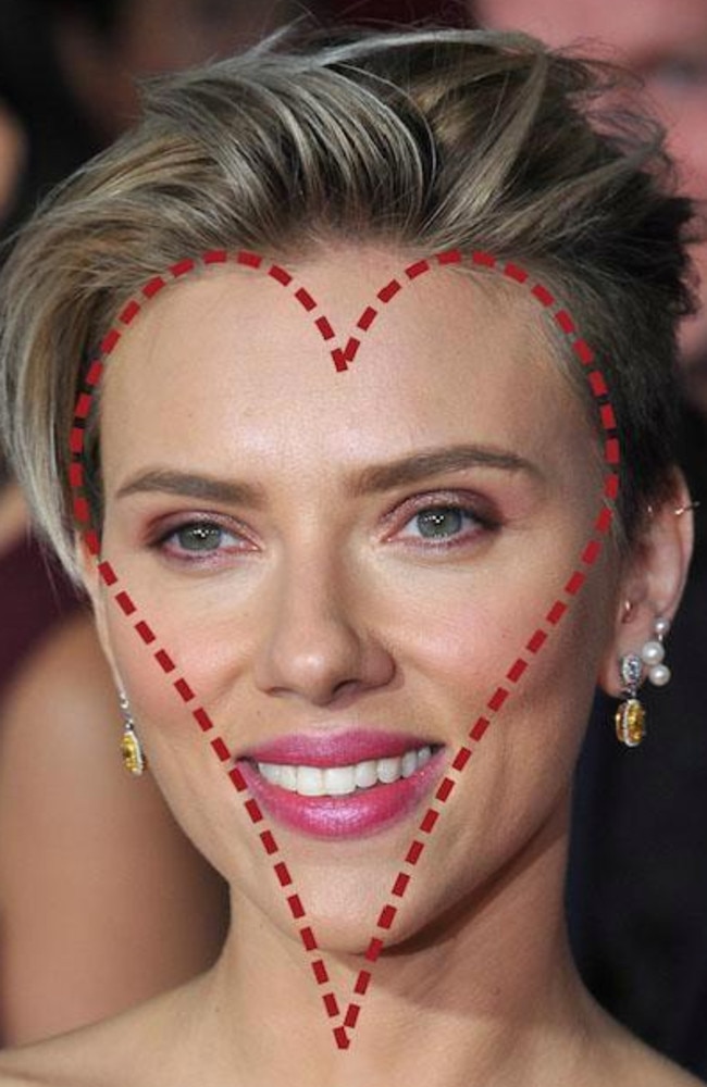 Scarlett Johansson has a heart shaped face with a narrow jawline and chin.