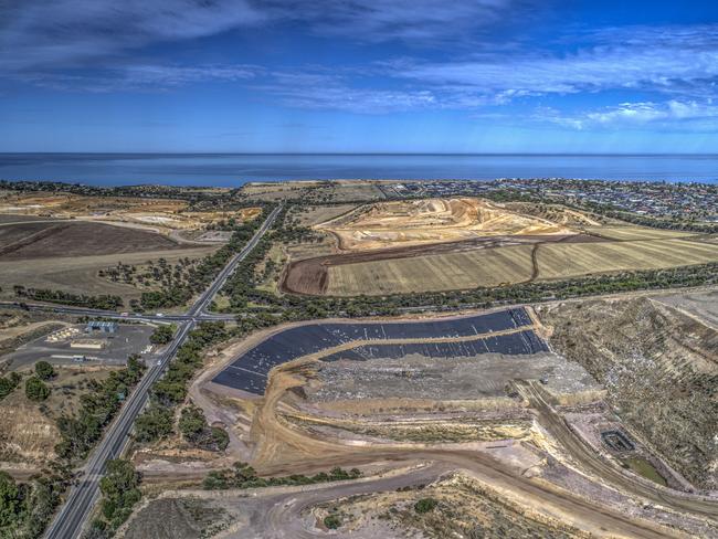 Drone images of the Southern Waste Depot landfill site, about 4km west of McLaren Vale, showing construction of the new double-lined disposal cell (cell 3). The company Southern Waste Resourceco Pty Ltd has applied to the EPA to receive, treat and dispose of PFAS-contaminated solid waste at the site. Supplied: EPA