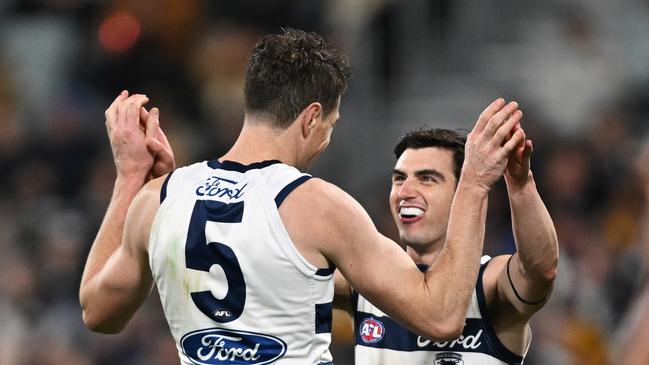 Jeremy Cameron celebrates a goal with Shaun Mannagh. Picture: Daniel Pockett/Getty Images.