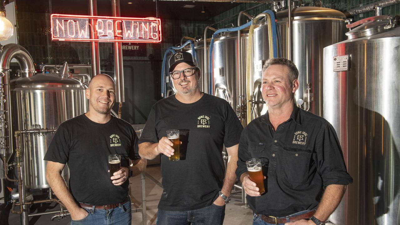 (from left ) Ryan McBurney, Alister Ferguson and Tim Andersen. Bone Idol Brewery launch at The Plate Restaurant. Thursday, June 2, 2022. Picture: Nev Madsen.