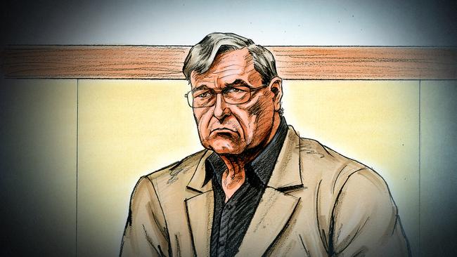 A court artist sketch by Paul Tyquin of Cardinal George Pell at the County Court in Melbourne, Wednesday, March 13, 2019. Cardinal George Pell has been jailed for a maximum of six years for sexually abusing two 13-year-old boys at Melbourne?s St Patrick?s Cathedral in the 1990s. (AAP Image/Paul Tyquin) NO ARCHIVING