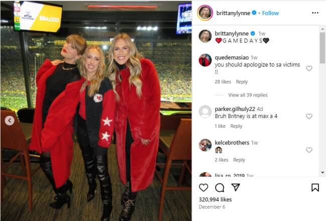 Taylor Swift in red and black at a Kansas City Chiefs NFL game. Picture: brittanylynne/Instagram