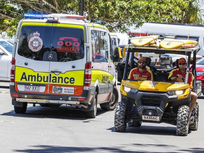 Paramedics on scene at Noosa River mouth car park where a man was allegedly pulled from the water unresponsive by fisherman on Wednesday morning. Picture Lachie Millard