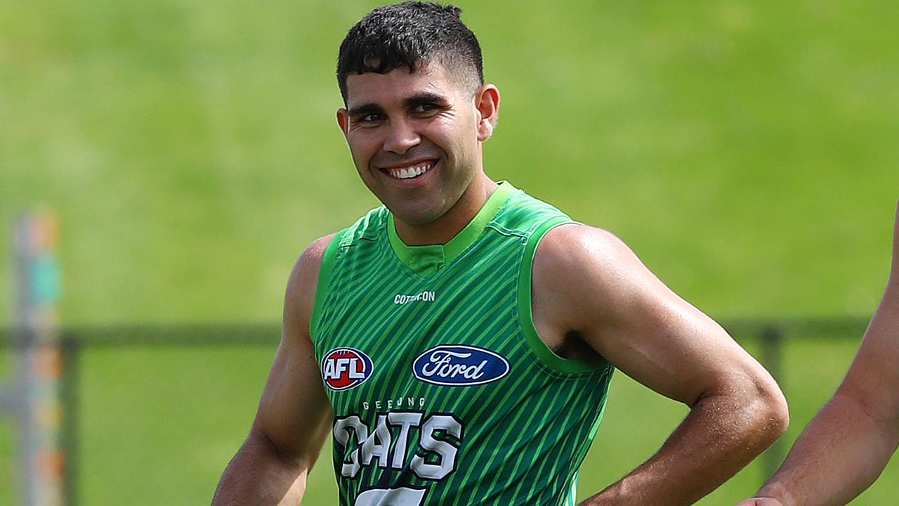 Geelong recruit Tyson Stengle is all smiles at his new home. Picture: Alison Wynd