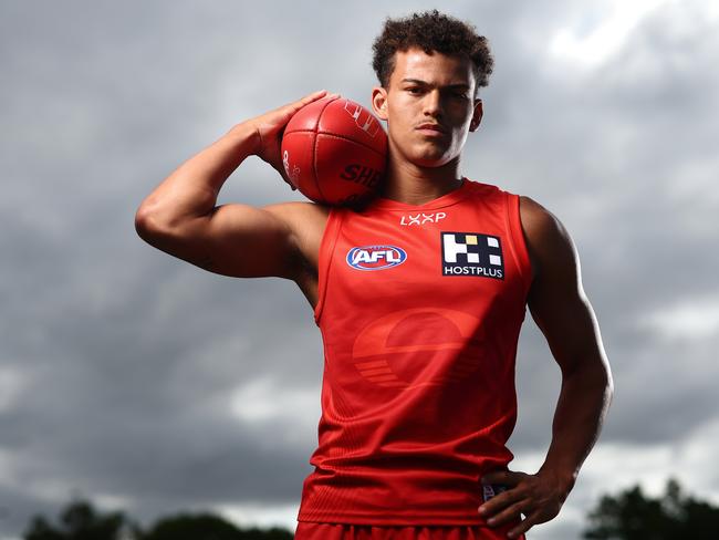 GOLD COAST, AUSTRALIA - OCTOBER 30: Gold Coast Suns AFL draft prospect Leo Lombard poses during a portrait session at  Burleigh Bombers AFC on October 30, 2024 in Gold Coast, Australia. (Photo by Chris Hyde/Getty Images)