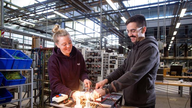 TAFE students Jess Bradshaw and Jayden Turner at the Tonsley Campus. Picture: Brett Hartwig