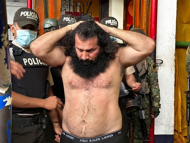 The Ecuadorean Armed Forces showing Adolfo Macias, aka Fito, leader of the Los Choneros criminal gang, while being transferred to The Rock maximum-security complex inside the Zonal Penitentiary No 8 in Guayaquil, Ecuador. Picture: AFP