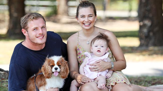 Tom Burgess and Tahlia Giumelli, pictured with then-6-month-old daughter Sophie and dog Ted, have bought a new home for the recently expanded family. Picture: Tim Hunter