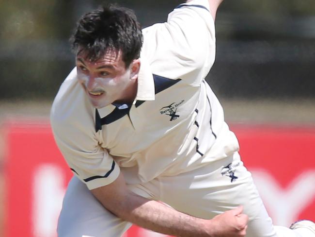 Cricket BPCA A1: Ocean Grove v Barwon Heads. Shell Road Reserve, Ocean Grove VIC 3226, Australia.Barwon Heads. bowler Sam SchallerPicture: Mark Wilson