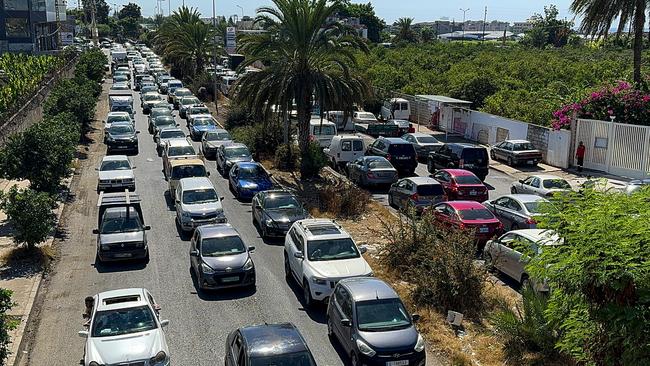 Heavy traffic formed at the entrance of the city of Saida after residents of southern Lebanon were forced to flee towards the north of the country due to the intensification of Israeli air strikes. Picture: Getty Images