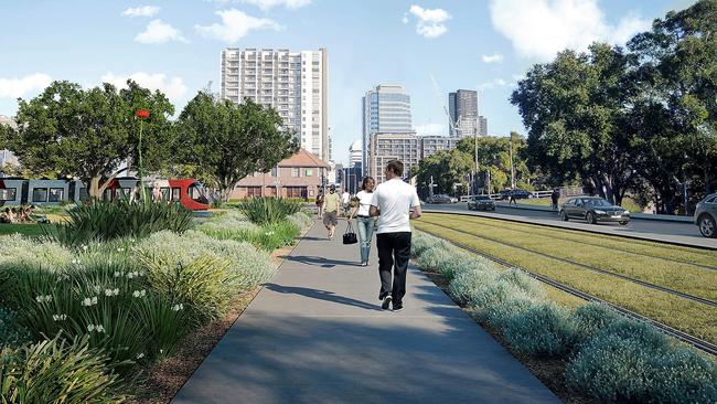 An artist impression of a section of green track on Parramatta Light Rail Stage 1.