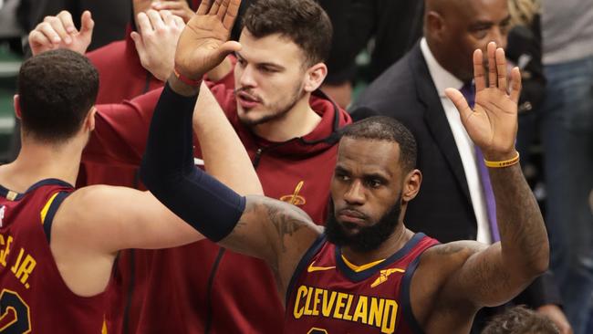 LeBron James celebrates the win.