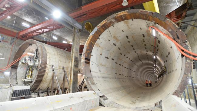 Melbourne Metro Tunnel, THE 9km twin tunnels for the Melbourne Metro Rail project are set to be completed by the middle of the year, raising hopes trains will run on the new line earlier than scheduled, Picture: Craig Hughes